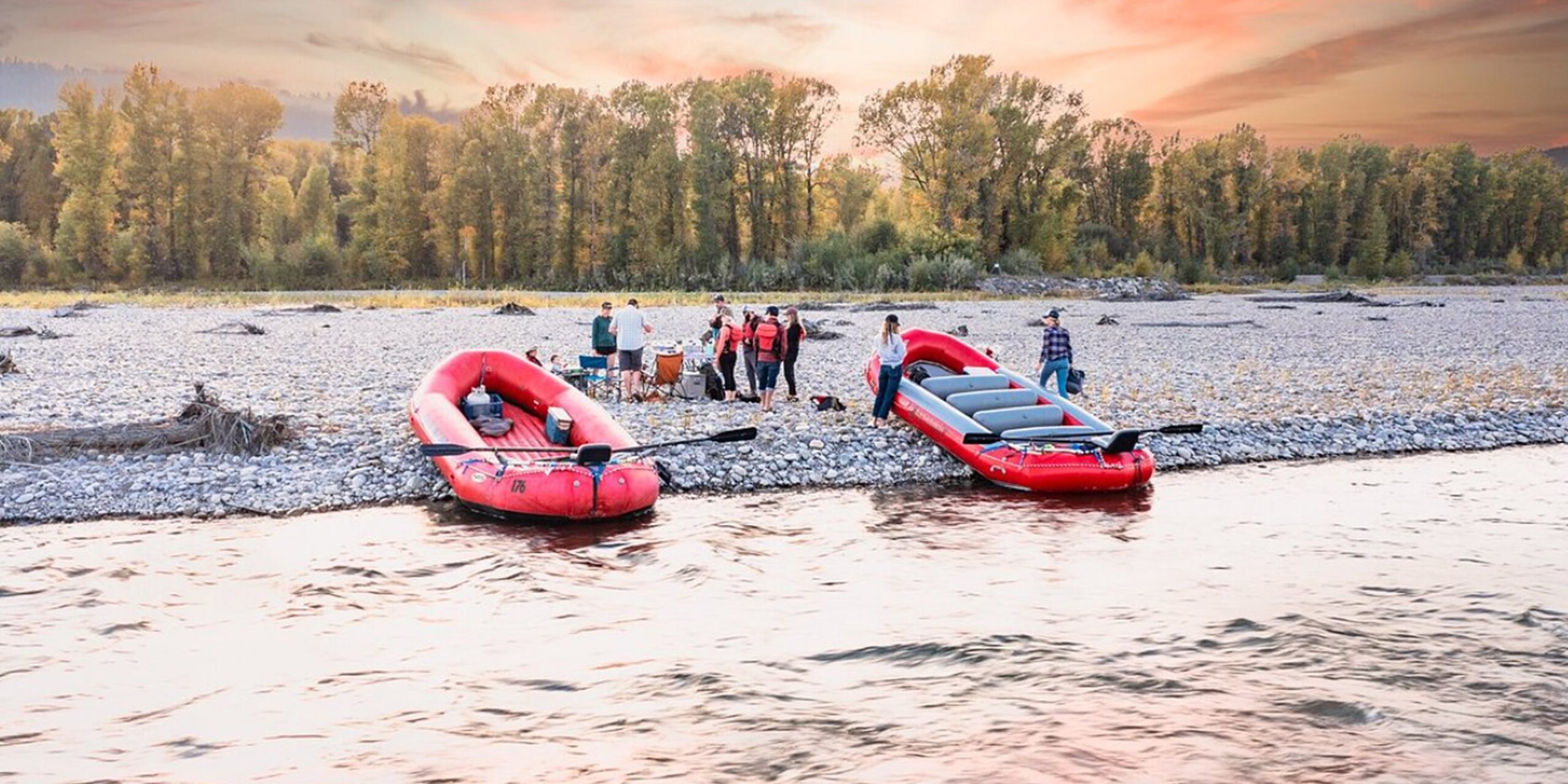 group on the shore during a Snake River scenic float trip